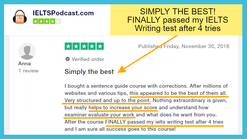 Trustpilot_IELTSPodcast_Anna Finally passed my IELTS Writing test after 4 tries - Trustpilot_IELTSPodcast_Anna